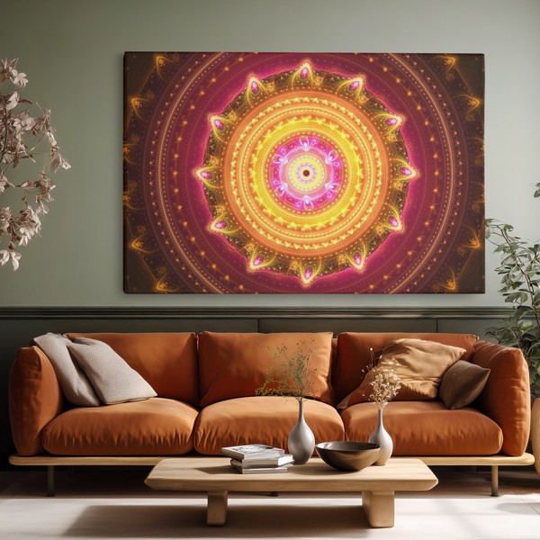 Mandala-Symbol Leinwanddruck in Gold und Petrol - an der Wand in einem Raum