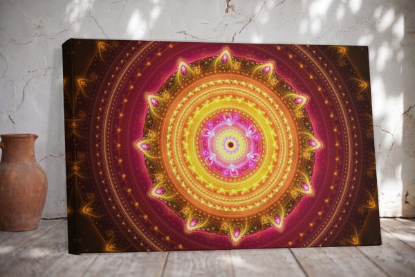 Mandala-Symbol Leinwanddruck in Gold und Petrol - an der Wand in einem Raum