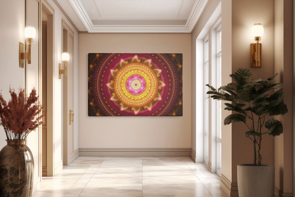 Mandala-Symbol Leinwanddruck in Gold und Petrol - an der Wand in einem Raum