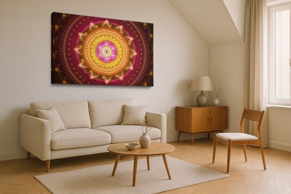 Mandala-Symbol Leinwanddruck in Gold und Petrol - an der Wand in einem Raum