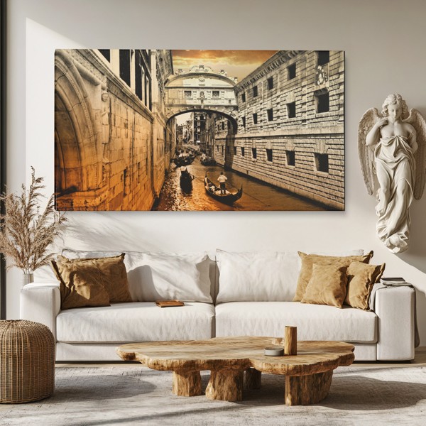 Venice Canal with Moored Boat Canvas Print - on the wall in a room interior