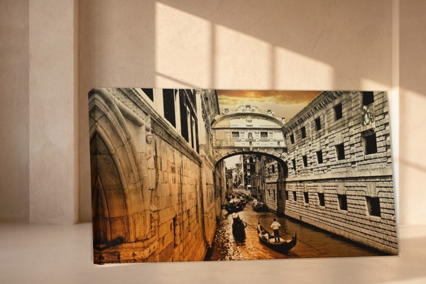 Venice Canal with Moored Boat Canvas Print - on the wall in a room interior