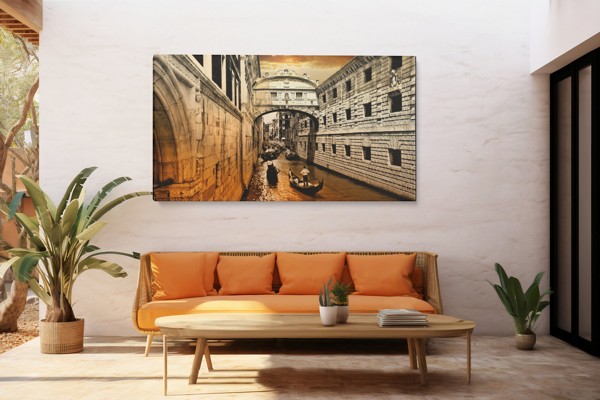 Venice Canal with Moored Boat Canvas Print - on the wall in a room interior