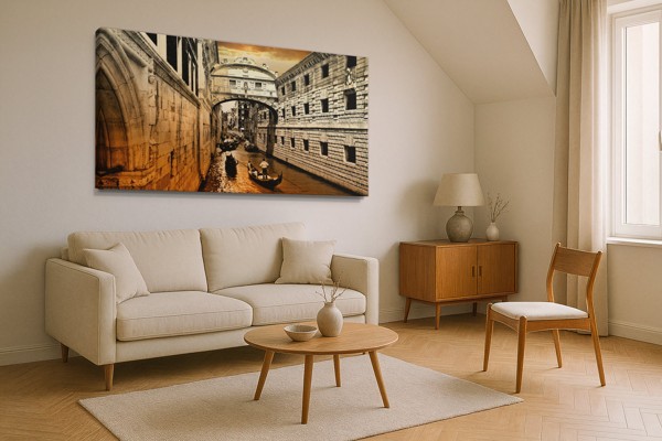 Venice Canal with Moored Boat Canvas Print - on the wall in a room interior