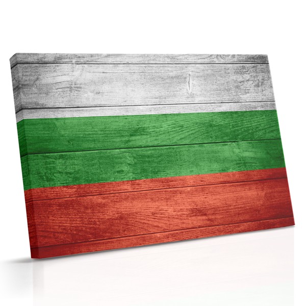 Cette impression sur toile représente le drapeau national bulgare avec ses bandes horizontales blanc, vert et rouge