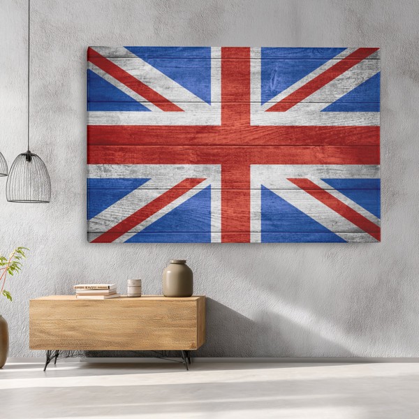 Britanska zastava na izvetrenom drvu - platno - na zidu u interijeru