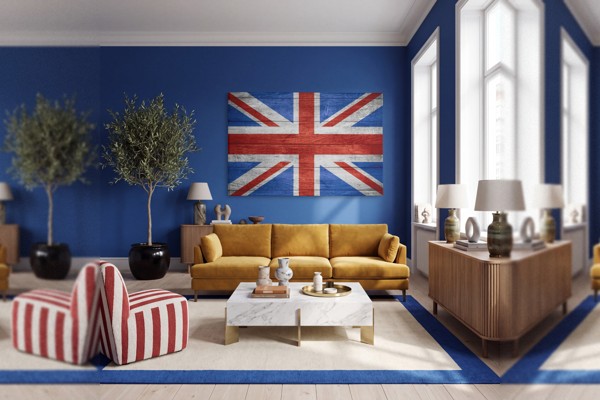 Britanska zastava na izvetrenom drvu - platno - na zidu u interijeru