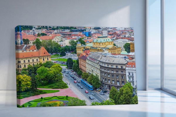 Letecký pohled na Budapešť - plátno - na stěně v interiéru
