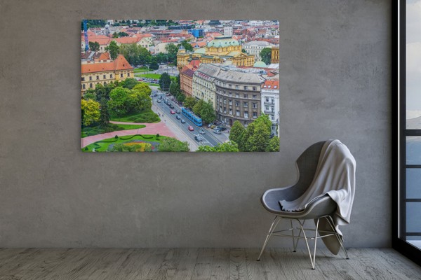Letecký pohled na Budapešť - plátno - na stěně v interiéru