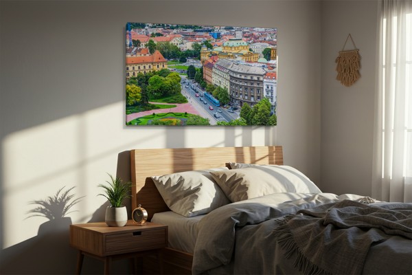 Letecký pohled na Budapešť - plátno - na stěně v interiéru
