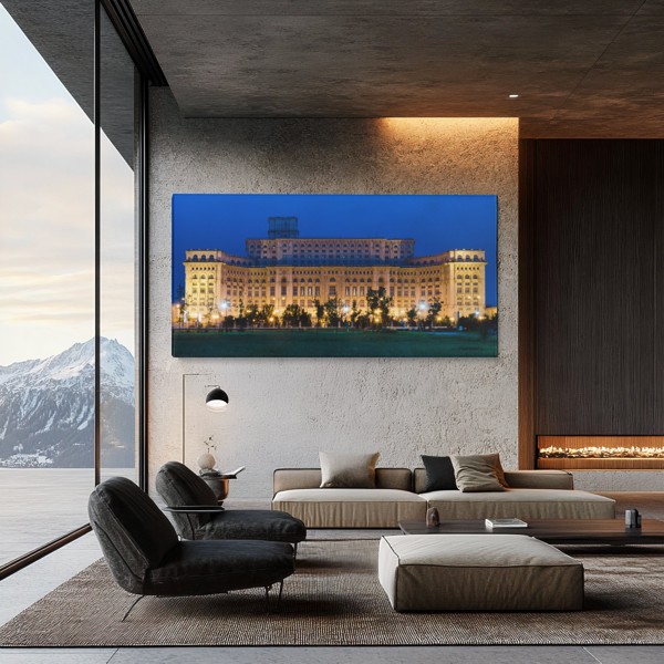Hillside Castle Above River Town Canvas Print - on the wall in a room interior