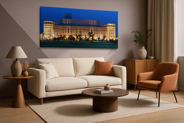 Hillside Castle Above River Town Canvas Print - on the wall in a room interior