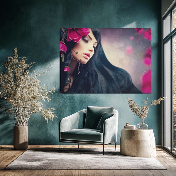 Woman with Flowing Hair Canvas Print - on the wall in a room interior