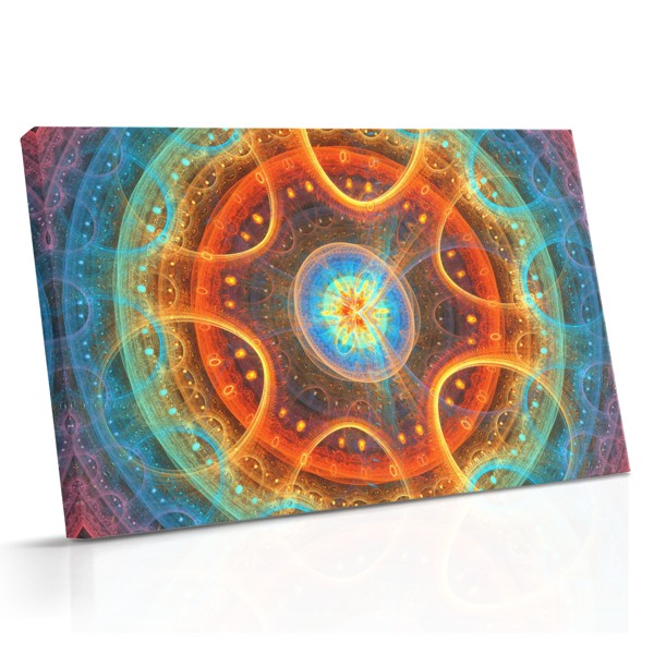 Simetriška mandala su sluoksniuotais geometriniais raštais ryškiomis mėlynomis, purpurinėmis, oranžinėmis ir auksinėmis spalvomis