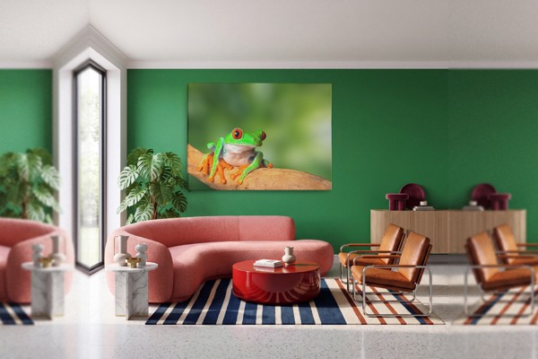 Ziņkstošā koka vardes audekla prints - uz sienas telpā