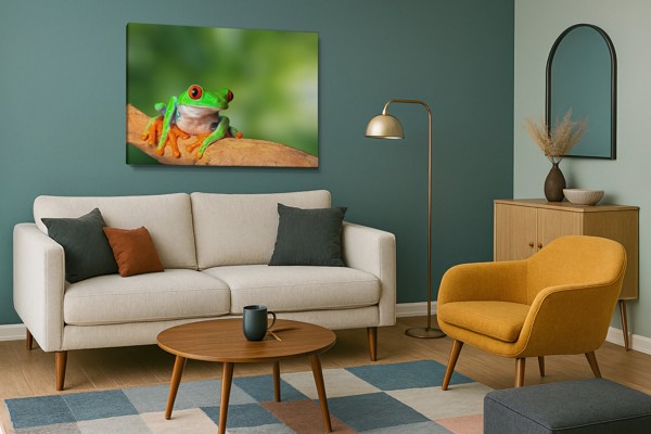 Ziņkstošā koka vardes audekla prints - uz sienas telpā