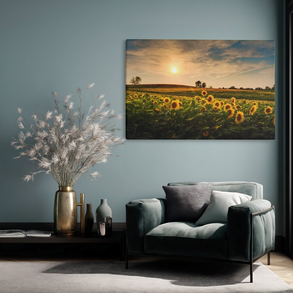 Zonnebloemen Veld bij Schemering Canvas Print - aan de muur in een interieur