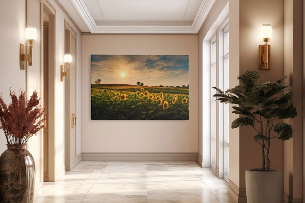 Zonnebloemen Veld bij Schemering Canvas Print - aan de muur in een interieur