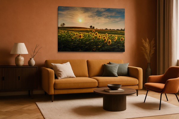 Zonnebloemen Veld bij Schemering Canvas Print - aan de muur in een interieur