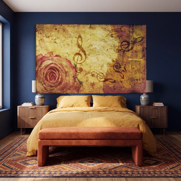Toile Imprimée Collage Rose et Partition Musicale - au mur dans un intérieur