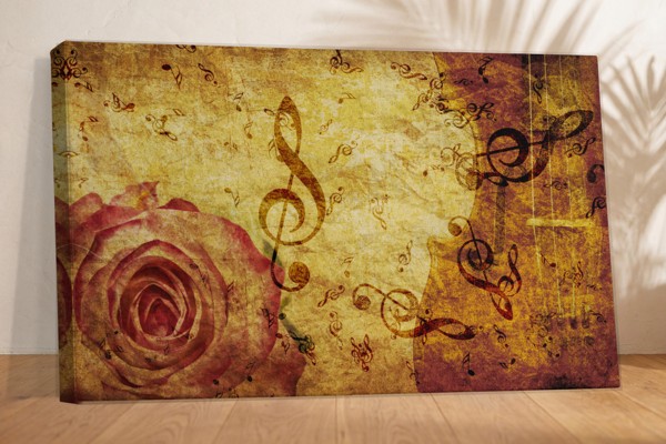 Toile Imprimée Collage Rose et Partition Musicale - au mur dans un intérieur