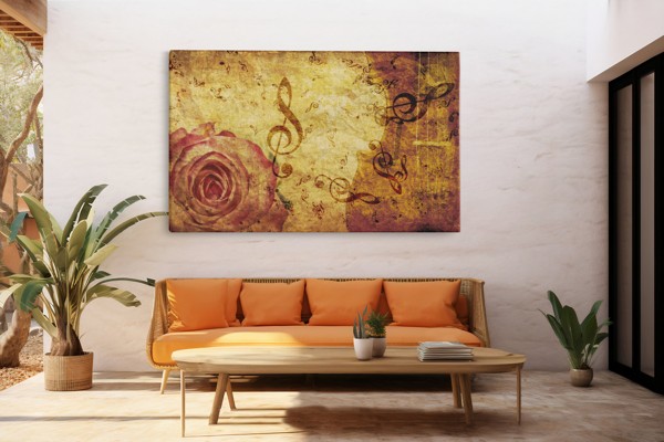 Toile Imprimée Collage Rose et Partition Musicale - au mur dans un intérieur