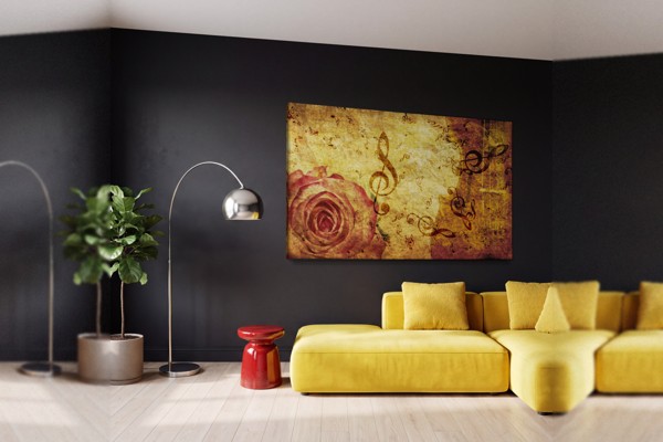 Toile Imprimée Collage Rose et Partition Musicale - au mur dans un intérieur