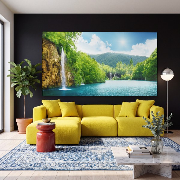 Waterfall and Sunbeams Canvas Print - on the wall in a room interior