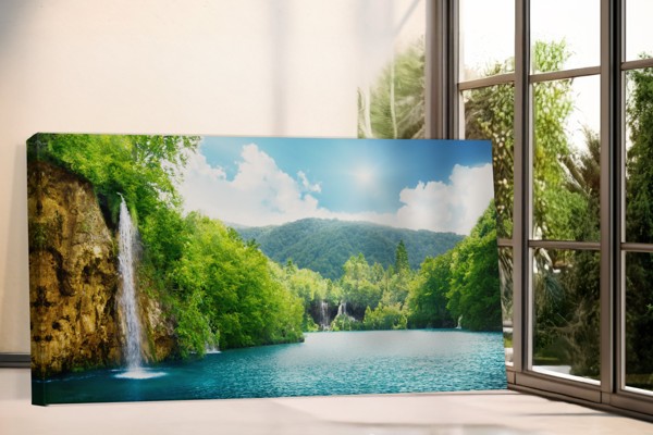 Waterfall and Sunbeams Canvas Print - on the wall in a room interior
