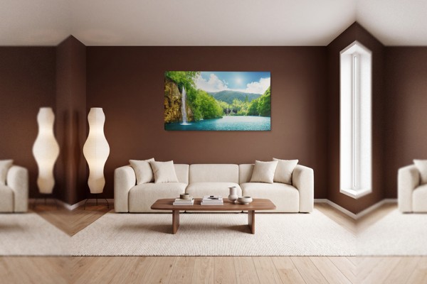 Waterfall and Sunbeams Canvas Print - on the wall in a room interior