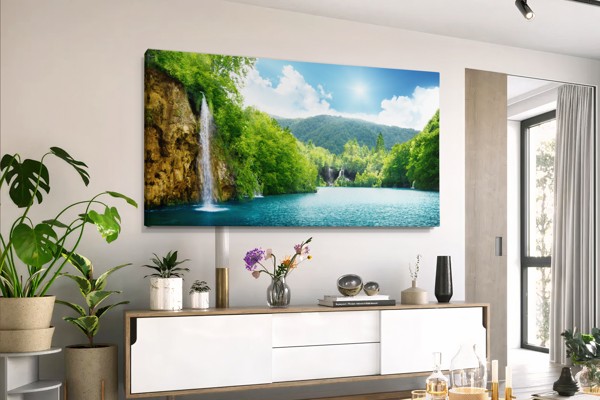 Waterfall and Sunbeams Canvas Print - on the wall in a room interior