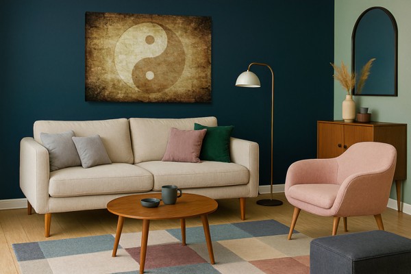 Buddha Meditationslærred med Feng Shui Symbol - på væggen i et interiør