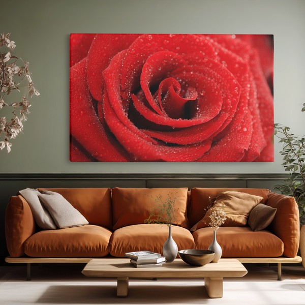 Impression sur Toile Rose avec Gouttes de Rosée - au mur dans un intérieur