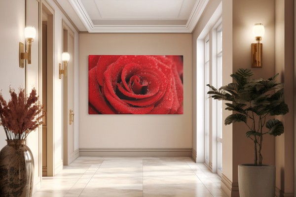 Impression sur Toile Rose avec Gouttes de Rosée - au mur dans un intérieur