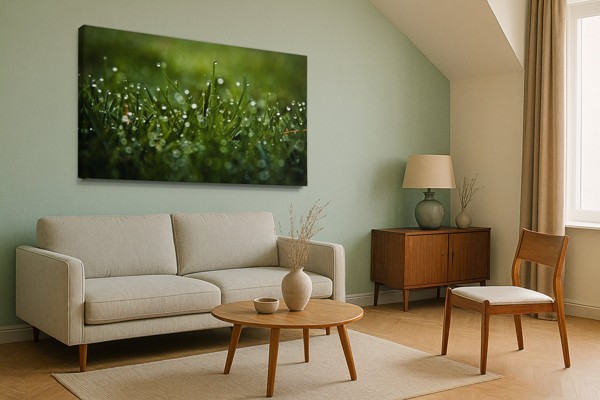 Σταγόνες Δροσιάς σε Πράσινο Λιβάδι Canvas Print - στον τοίχο σε εσωτερικό χώρο