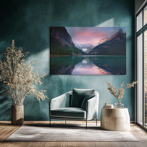 Cuadro Lienzo Reflejo de Lago Brumoso - en la pared de un interior