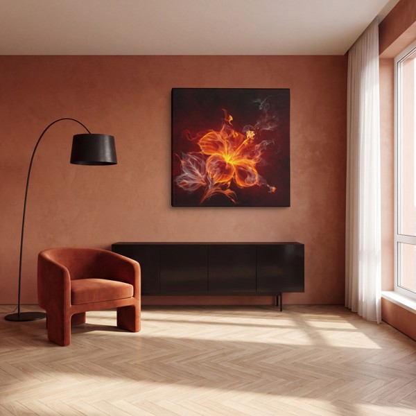 Abstrakte Flamme in Rose und Karminrot - Leinwanddruck - an der Wand in einem Raum