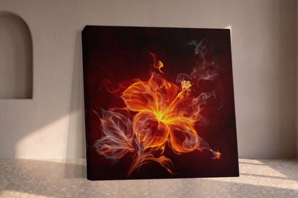 Abstrakte Flamme in Rose und Karminrot - Leinwanddruck - an der Wand in einem Raum