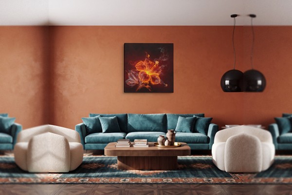 Abstrakte Flamme in Rose und Karminrot - Leinwanddruck - an der Wand in einem Raum