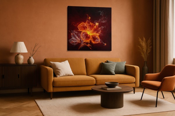 Abstrakte Flamme in Rose und Karminrot - Leinwanddruck - an der Wand in einem Raum