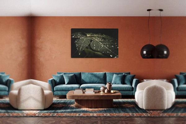 Rain Drops on Green Leaf Canvas Print - on the wall in a room interior