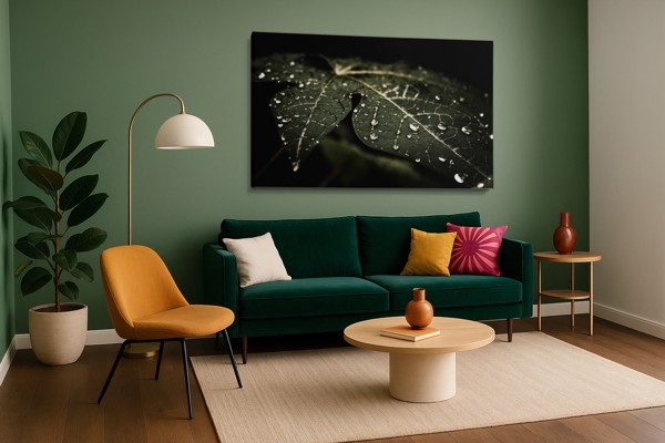 Rain Drops on Green Leaf Canvas Print - on the wall in a room interior