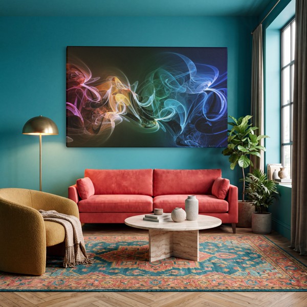 Kleurrijke Rook Abstractie Canvas Print - aan de muur in een interieur