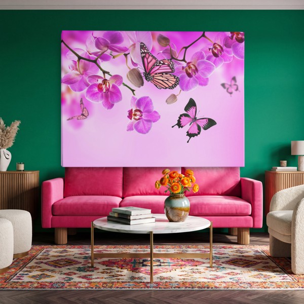 Toile Imprimée Orchidée et Papillon - au mur dans un intérieur