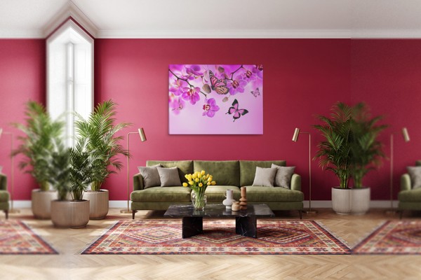 Toile Imprimée Orchidée et Papillon - au mur dans un intérieur