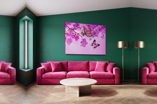 Toile Imprimée Orchidée et Papillon - au mur dans un intérieur