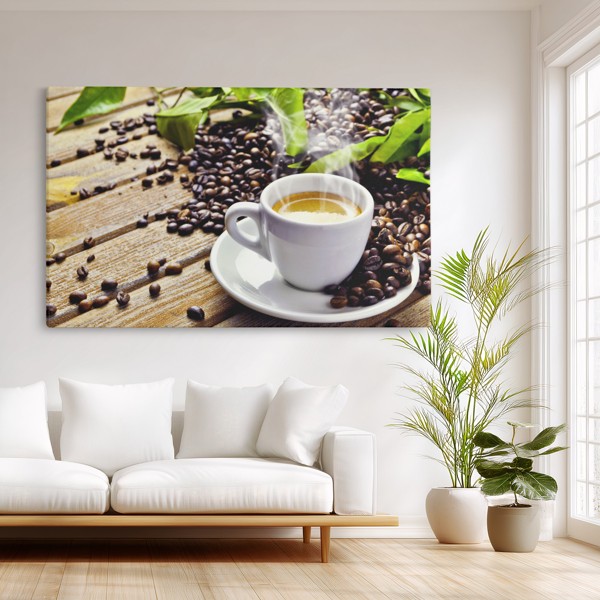 Lienzo Taza de Café con Vapor - en la pared de un interior