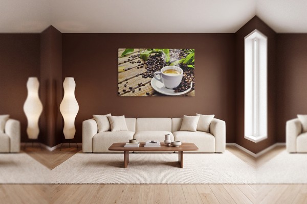 Lienzo Taza de Café con Vapor - en la pared de un interior