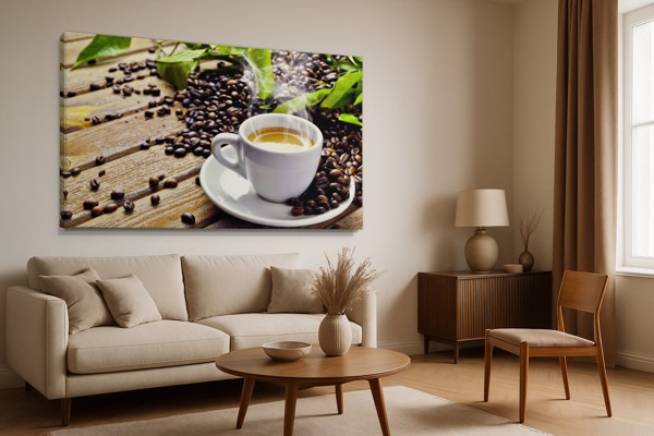 Lienzo Taza de Café con Vapor - en la pared de un interior