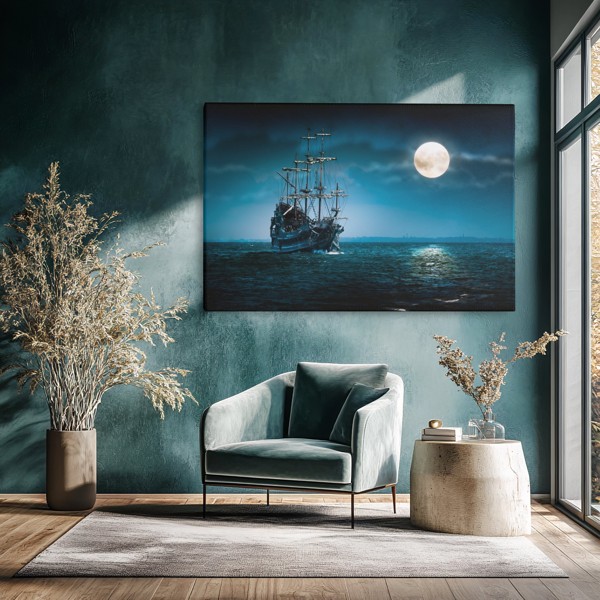 Battleship Under Moonlight Canvas Print - on the wall in a room interior